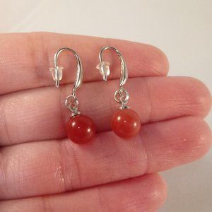 Natural 8mm Red Agate Gemstone Dangle Earrings 925 Sterling Silver Party Gift